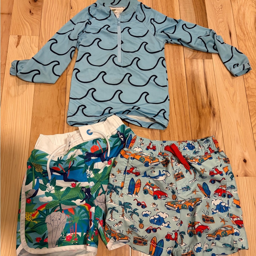 Mini Boden Blue Wave Rashguard Set with Tropical and Surf Prints
